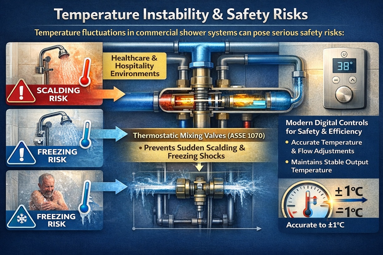 Digital thermostatic shower control panel showing precise temperature settings
